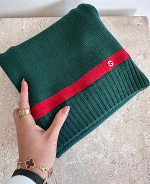 Pre-Owned GUCCI 100% Wool Green & Red Web Scarf