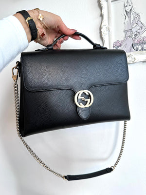Pre-Owned GUCCI Black Leather Dollar Interlocking GG Satchel/Shoulder Bag