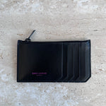 Pre-Owned SAINT LAURENT Black Leather Zip Card Case with Pink Foil