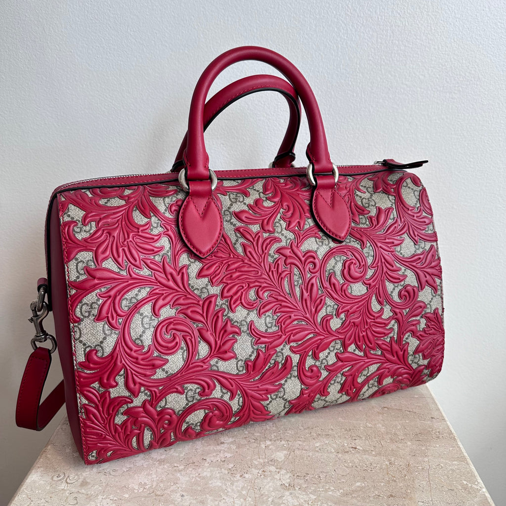 Pre-Owned GUCCI Red Arabesque Large Boston Bag