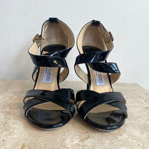 Pre-Owned JIMMY CHOO Lottie Black Patent Leather Sandal Size 36.5