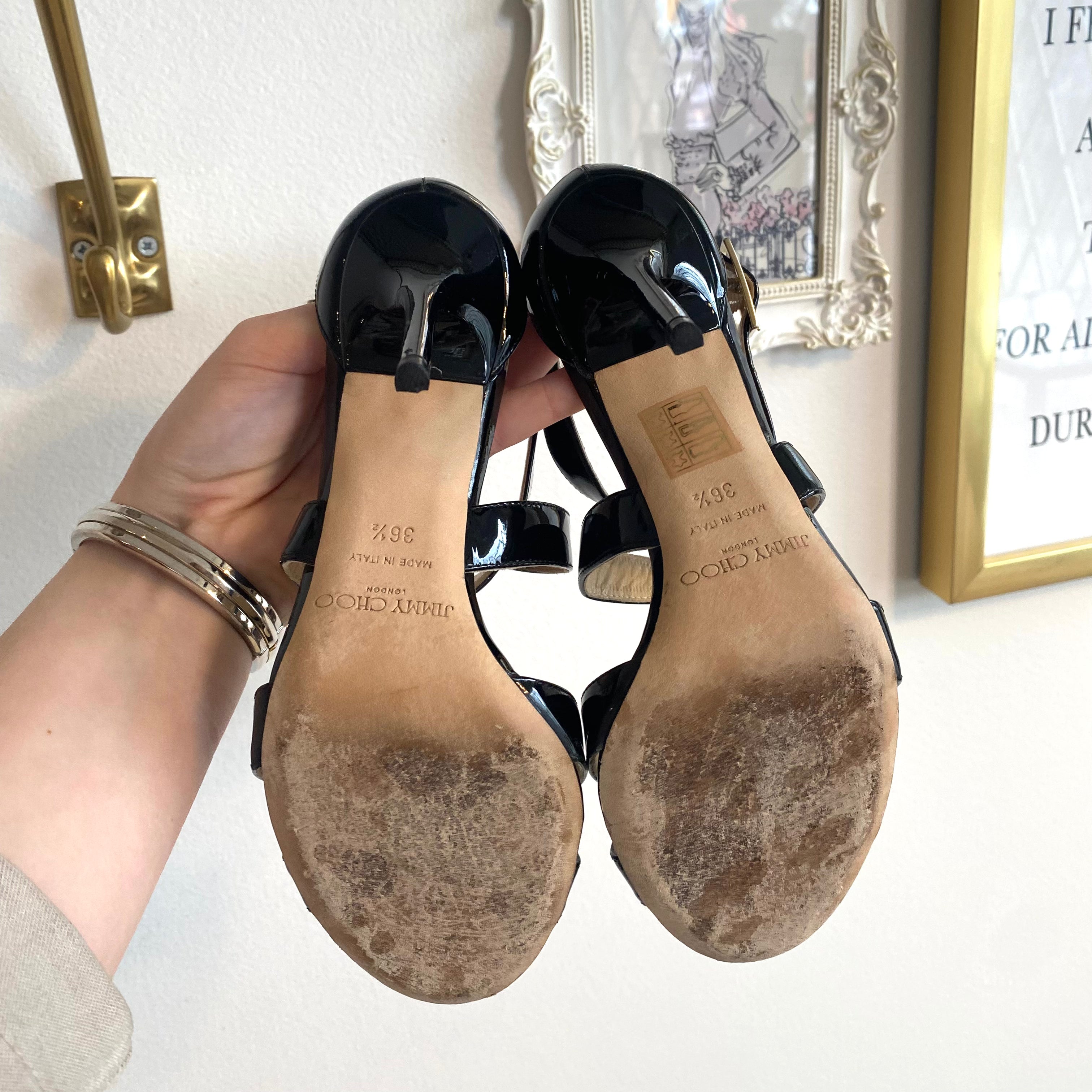 Pre-Owned JIMMY CHOO Lottie Black Patent Leather Sandal Size 36.5