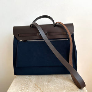 Pre-Owned Hermes Navy Toile and Brown Leather Herbag Zip 39 with Second Toile in Black