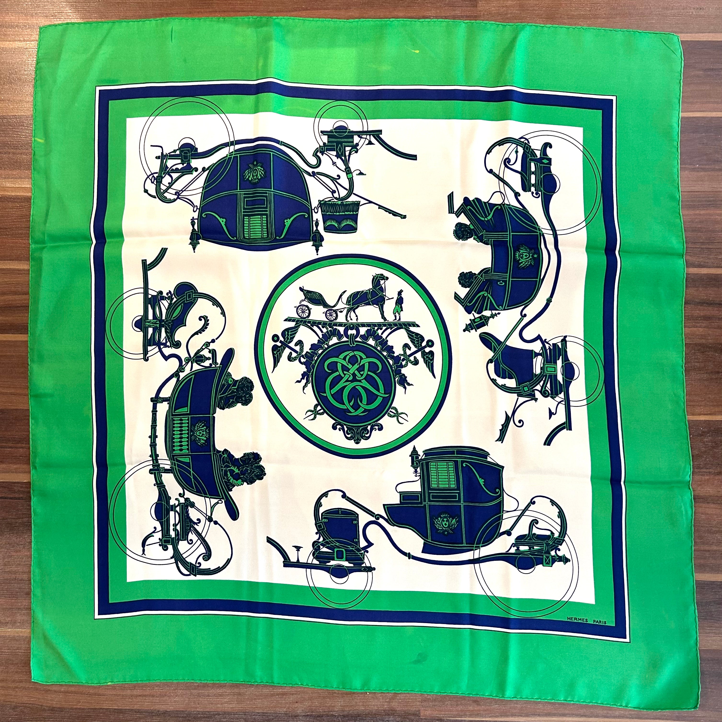 Pre-Owned HERMES Vintage Ex Libris Green and Blue Silk Scarf - 90cm