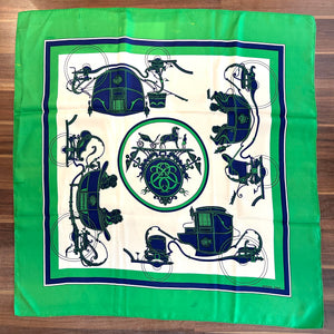 Pre-Owned HERMES Vintage Ex Libris Green and Blue Silk Scarf - 90cm