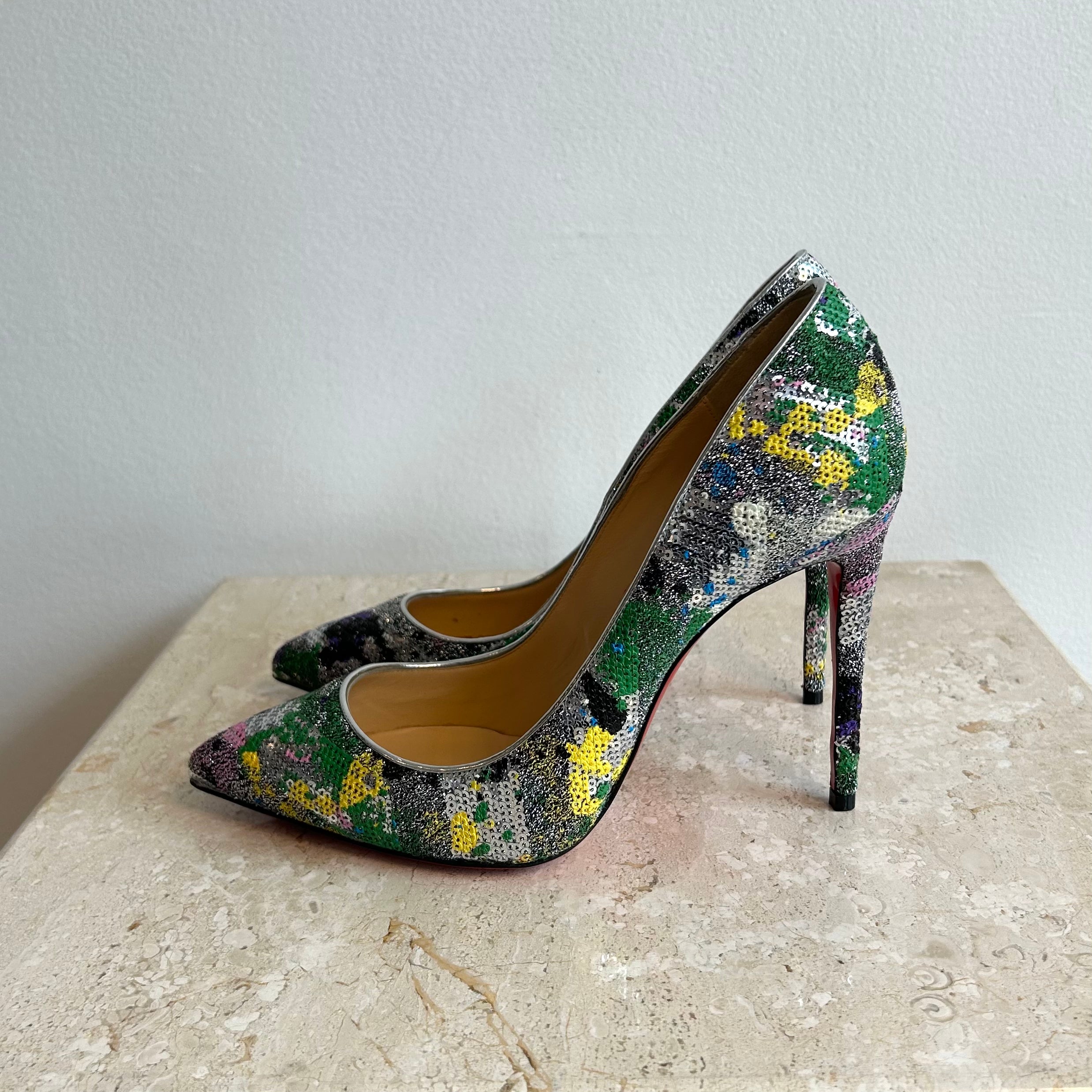 Pre-Owned CHRISTIAN LOUBOUTIN Silver Multi Pigalle Follies Splash 100 - Size 38.5