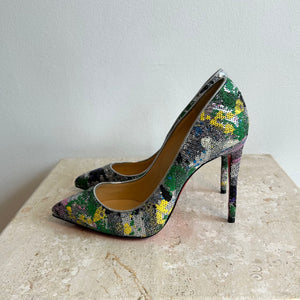Pre-Owned CHRISTIAN LOUBOUTIN Silver Multi Pigalle Follies Splash 100 - Size 38.5