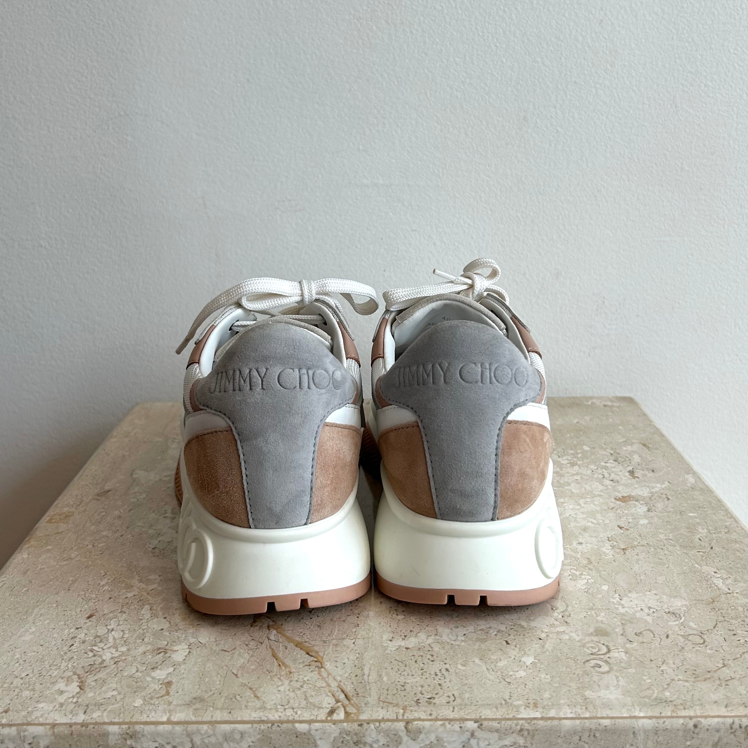 Pre-Owned JIMMY CHOO White/Powder Pink/Grey Landon Sneaker - Size 40.5