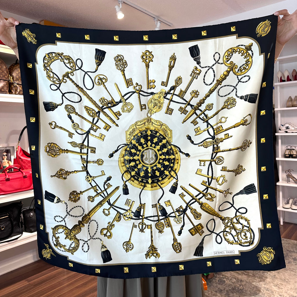 Pre-Owned HERMES Vintage Black/Gold "Les Cles" Silk Scarf - 90cm