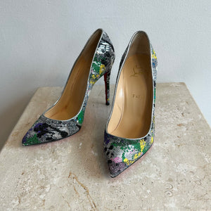 Pre-Owned CHRISTIAN LOUBOUTIN Silver Multi Pigalle Follies Splash 100 - Size 38.5