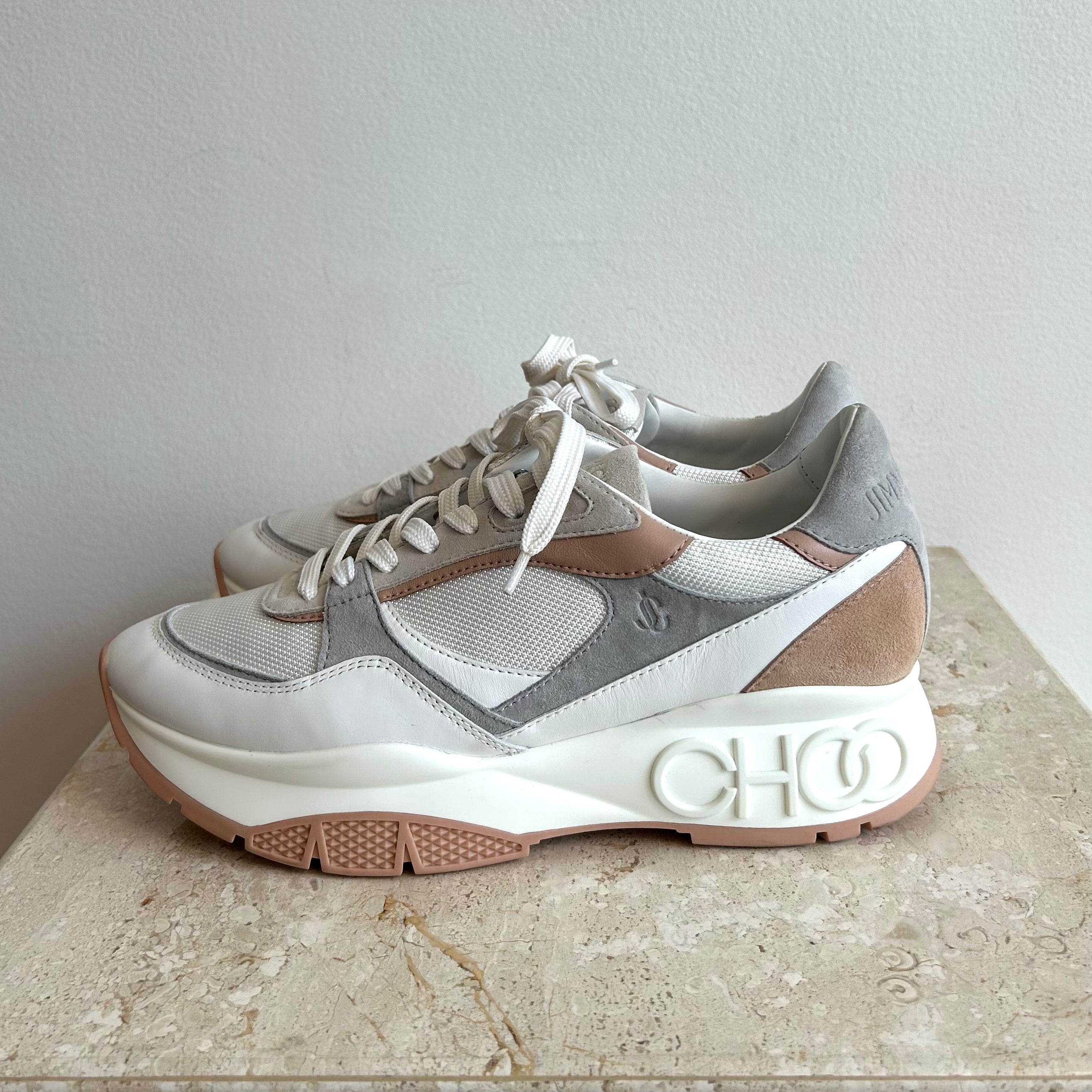 Pre-Owned JIMMY CHOO White/Powder Pink/Grey Landon Sneaker - Size 40.5