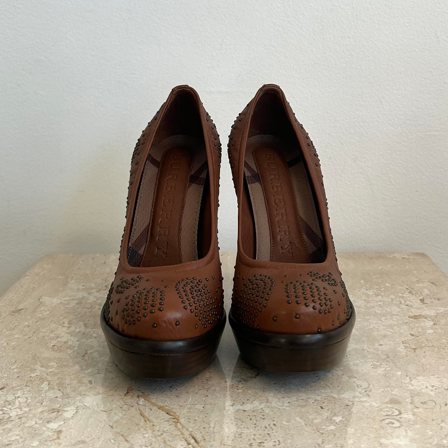Pre-Owned BURBERRY Brown Leather Studded Platform Heels - Size 37.5
