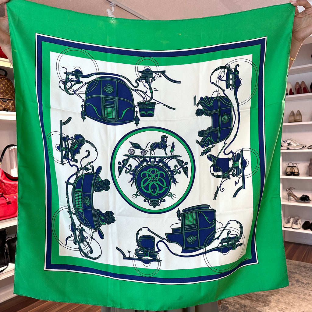 Pre-Owned HERMES Vintage Ex Libris Green and Blue Silk Scarf - 90cm