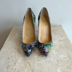 Pre-Owned CHRISTIAN LOUBOUTIN Silver Multi Pigalle Follies Splash 100 - Size 38.5