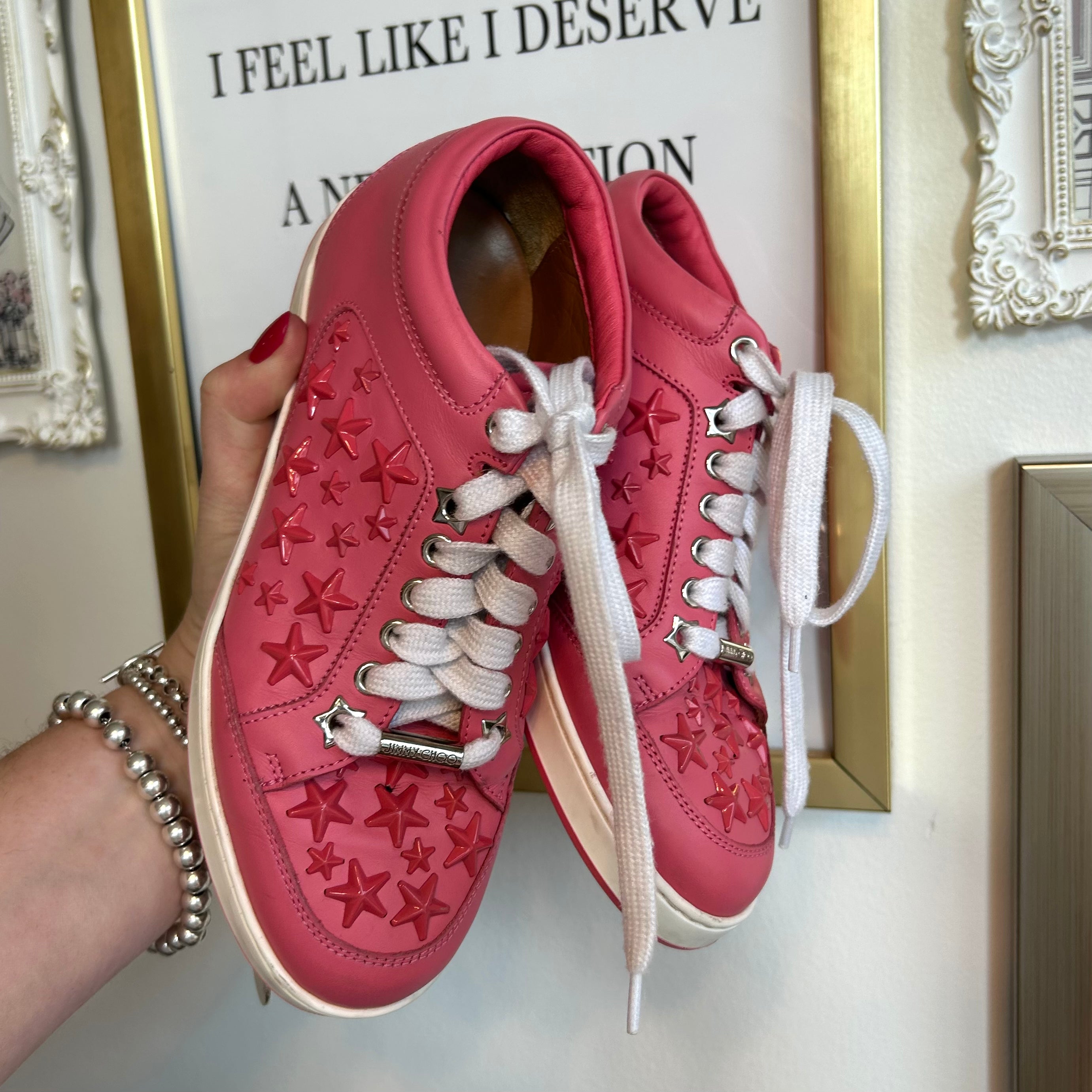 Pre-Owned JIMMY CHOO Miami Flamingo with Stars Sneakers - Size 35