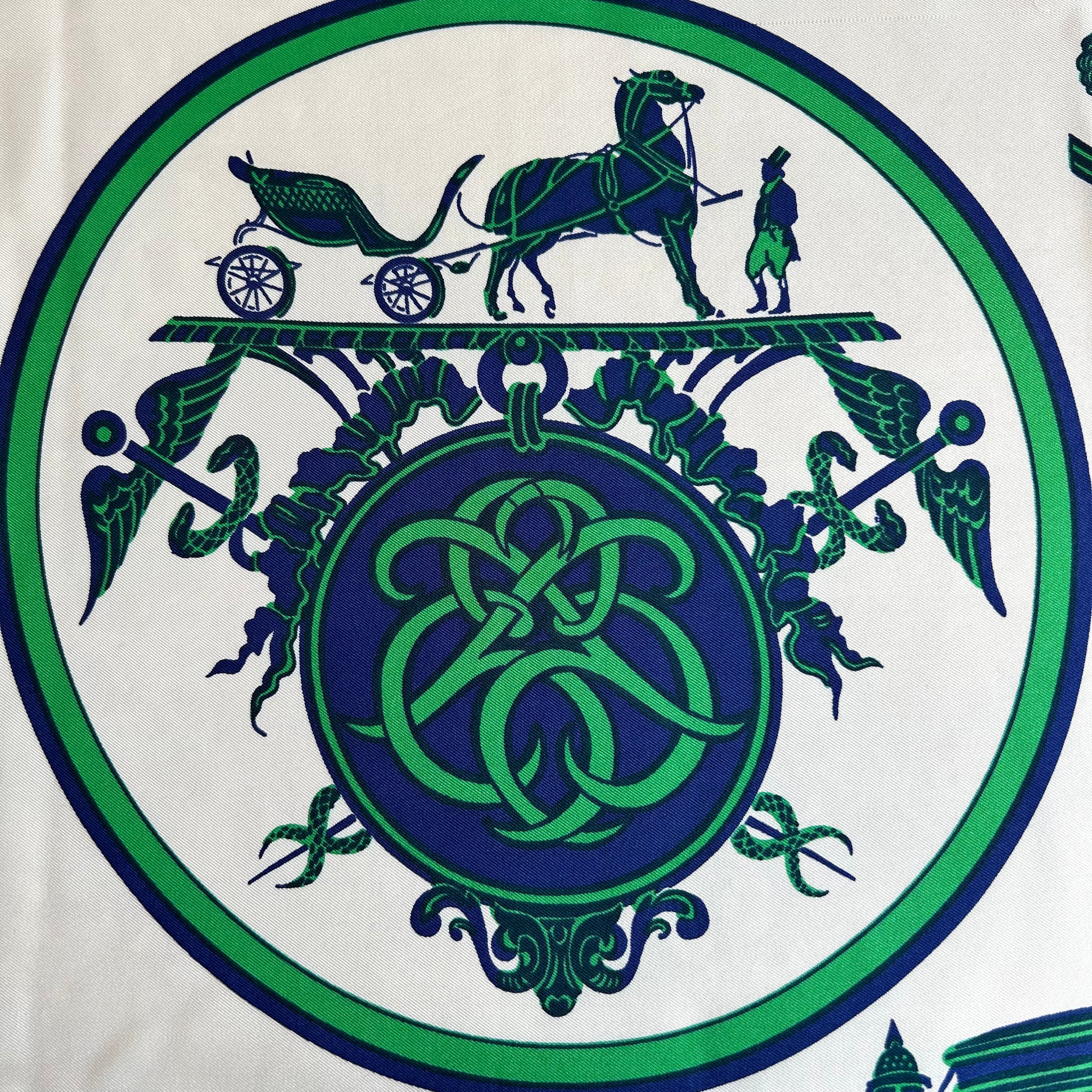 Pre-Owned HERMES Vintage Ex Libris Green and Blue Silk Scarf - 90cm