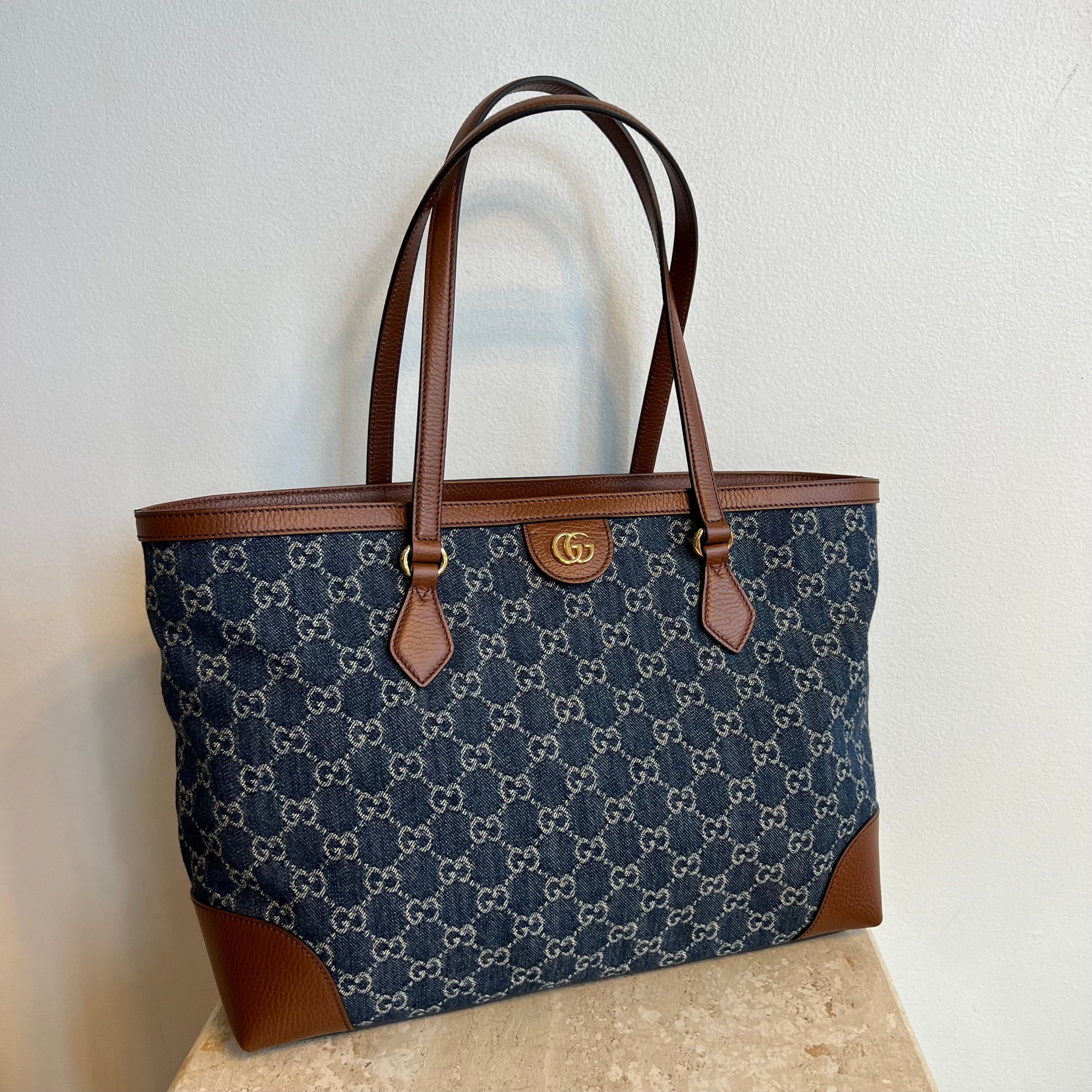 Pre-Owned GUCCI Ophidia GG Jacquard Denim Tote Medium