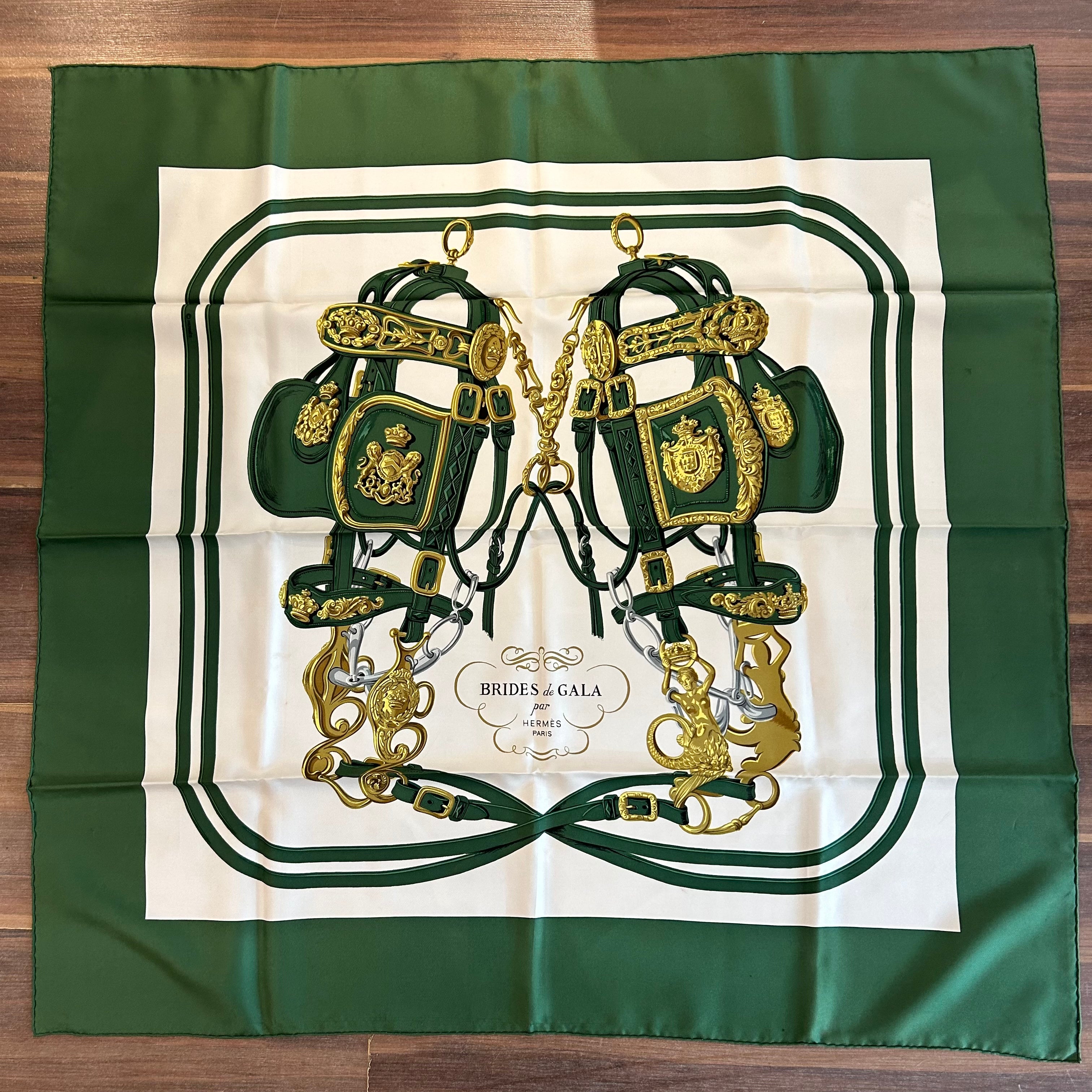 Pre-Owned HERMES Vintage Brides de Gala Racing Green Silk Scarf - 90cm