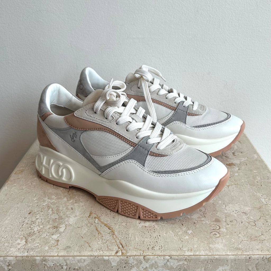 Pre-Owned JIMMY CHOO White/Powder Pink/Grey Landon Sneaker - Size 40.5