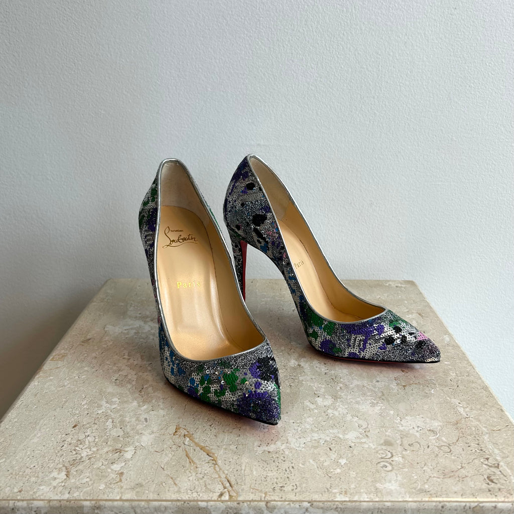 Pre-Owned CHRISTIAN LOUBOUTIN Silver Multi Pigalle Follies Splash 100 - Size 38.5