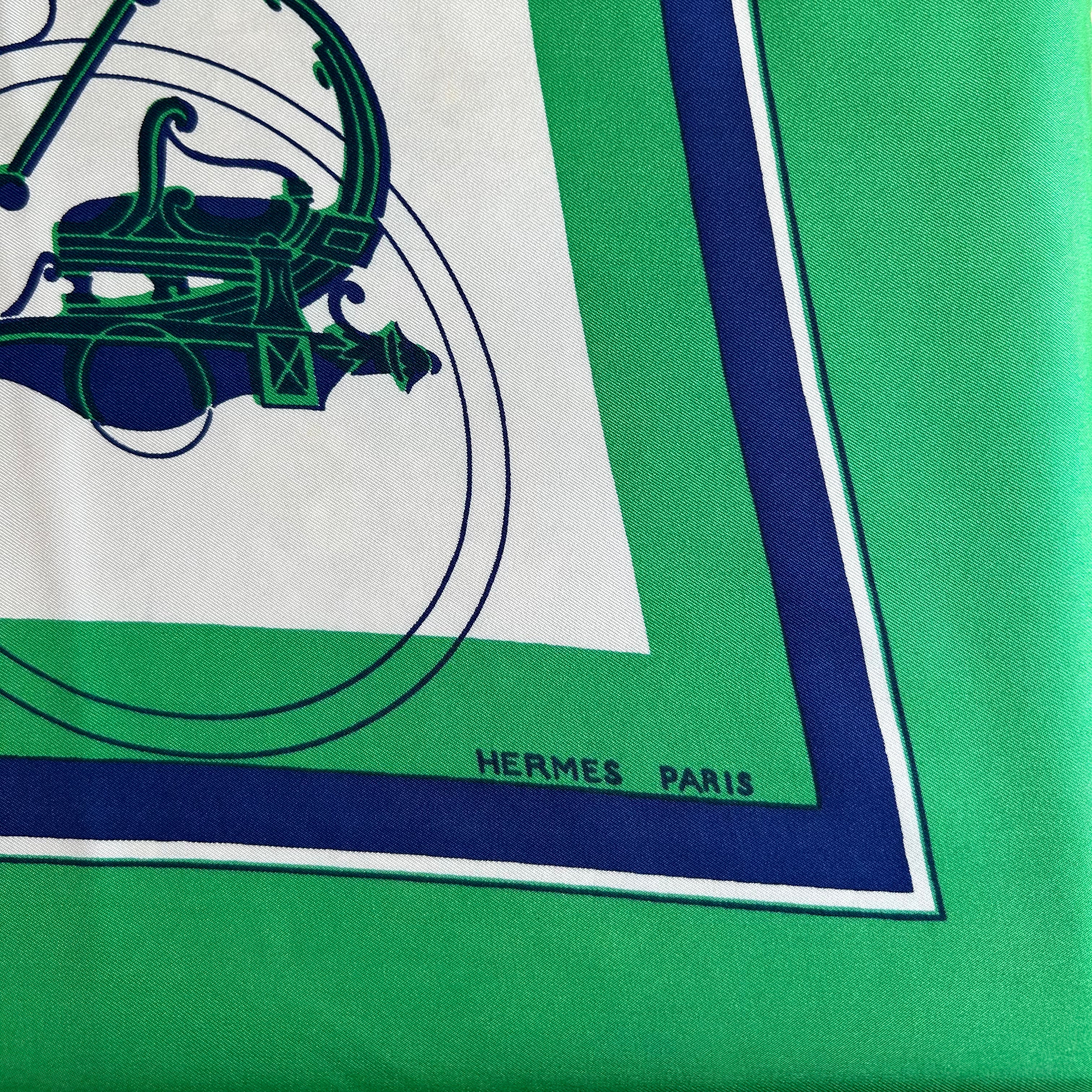 Pre-Owned HERMES Vintage Ex Libris Green and Blue Silk Scarf - 90cm