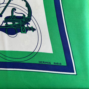 Pre-Owned HERMES Vintage Ex Libris Green and Blue Silk Scarf - 90cm
