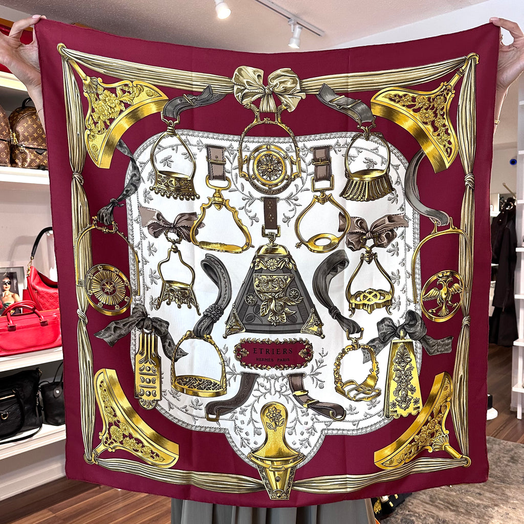 Pre-Owned HERMES Vintage Burgundy Etriers Silk Scarf - 90cm