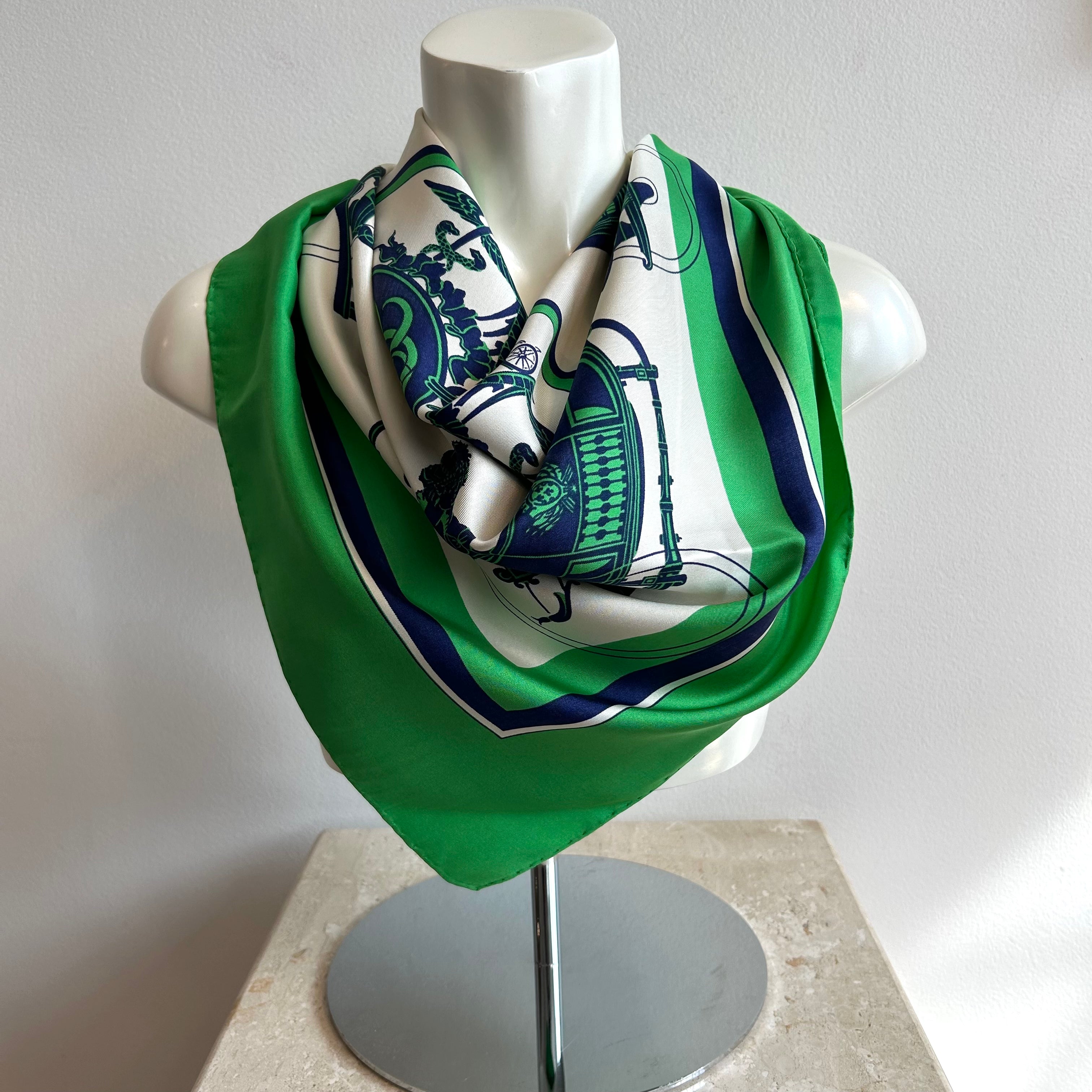 Pre-Owned HERMES Vintage Ex Libris Green and Blue Silk Scarf - 90cm