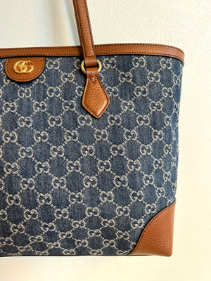 Pre-Owned GUCCI Ophidia GG Jacquard Denim Tote Medium
