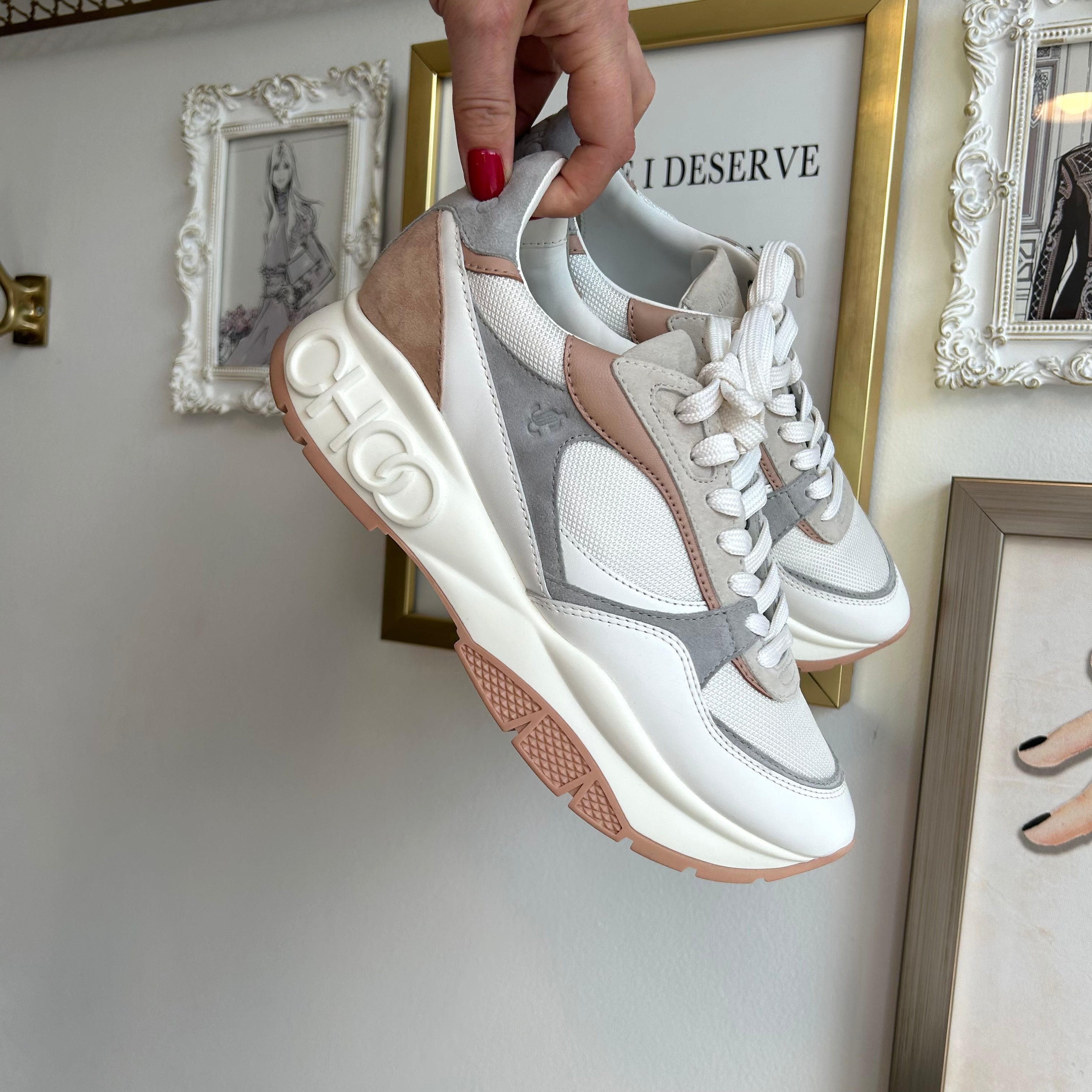 Pre-Owned JIMMY CHOO White/Powder Pink/Grey Landon Sneaker - Size 40.5