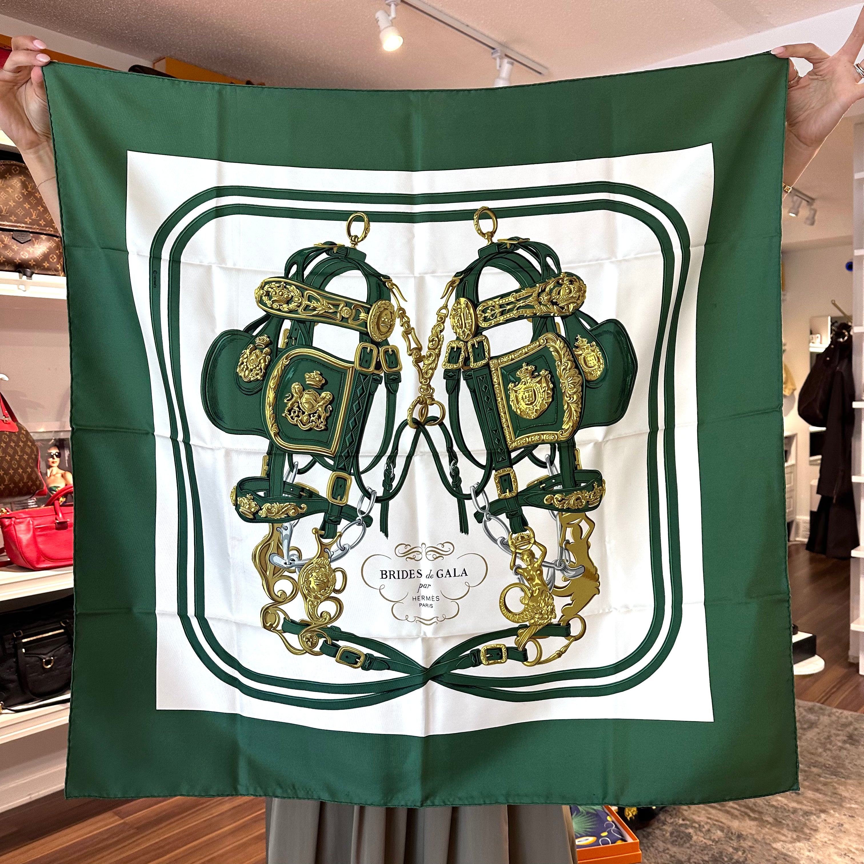 Pre-Owned HERMES Vintage Brides de Gala Racing Green Silk Scarf - 90cm