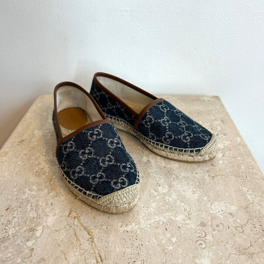 Pre-Owned GUCCI Pilar GG Print Blue Jacquard Espadrille Flats - Size 34