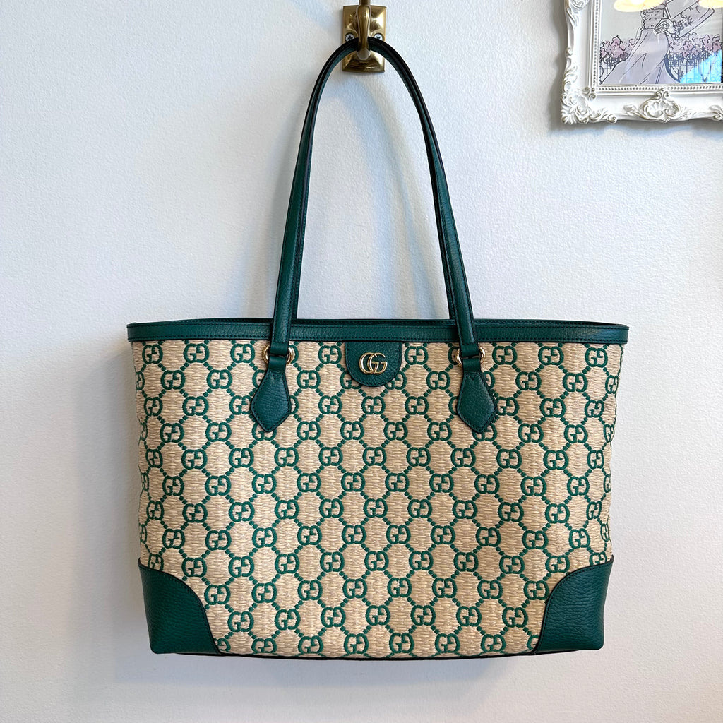 Pre-Owned GUCCI Green Ophidia Medium Raffia Shopping Tote