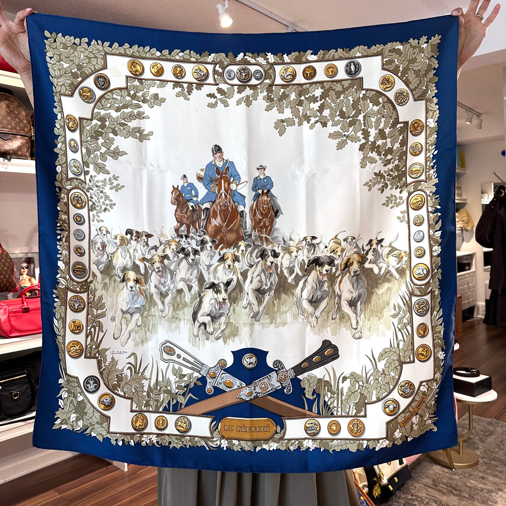 Pre-Owned HERMES Vintage Blue Le Debuche Silk Scarf - 90cm