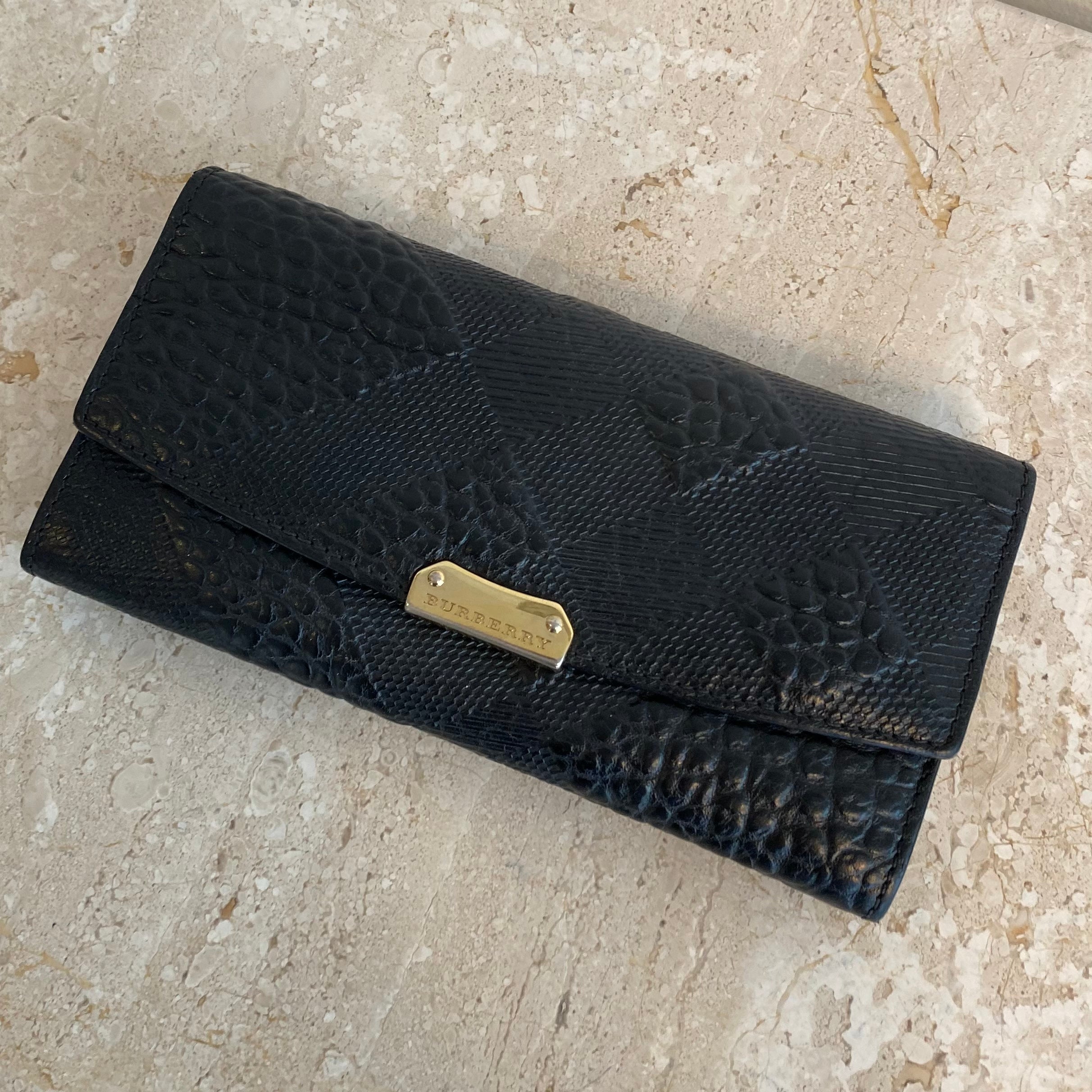 Pre-Owned BURBERRY Black Embossed Check Leather Continental Wallet