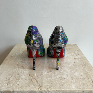 Pre-Owned CHRISTIAN LOUBOUTIN Silver Multi Pigalle Follies Splash 100 - Size 38.5