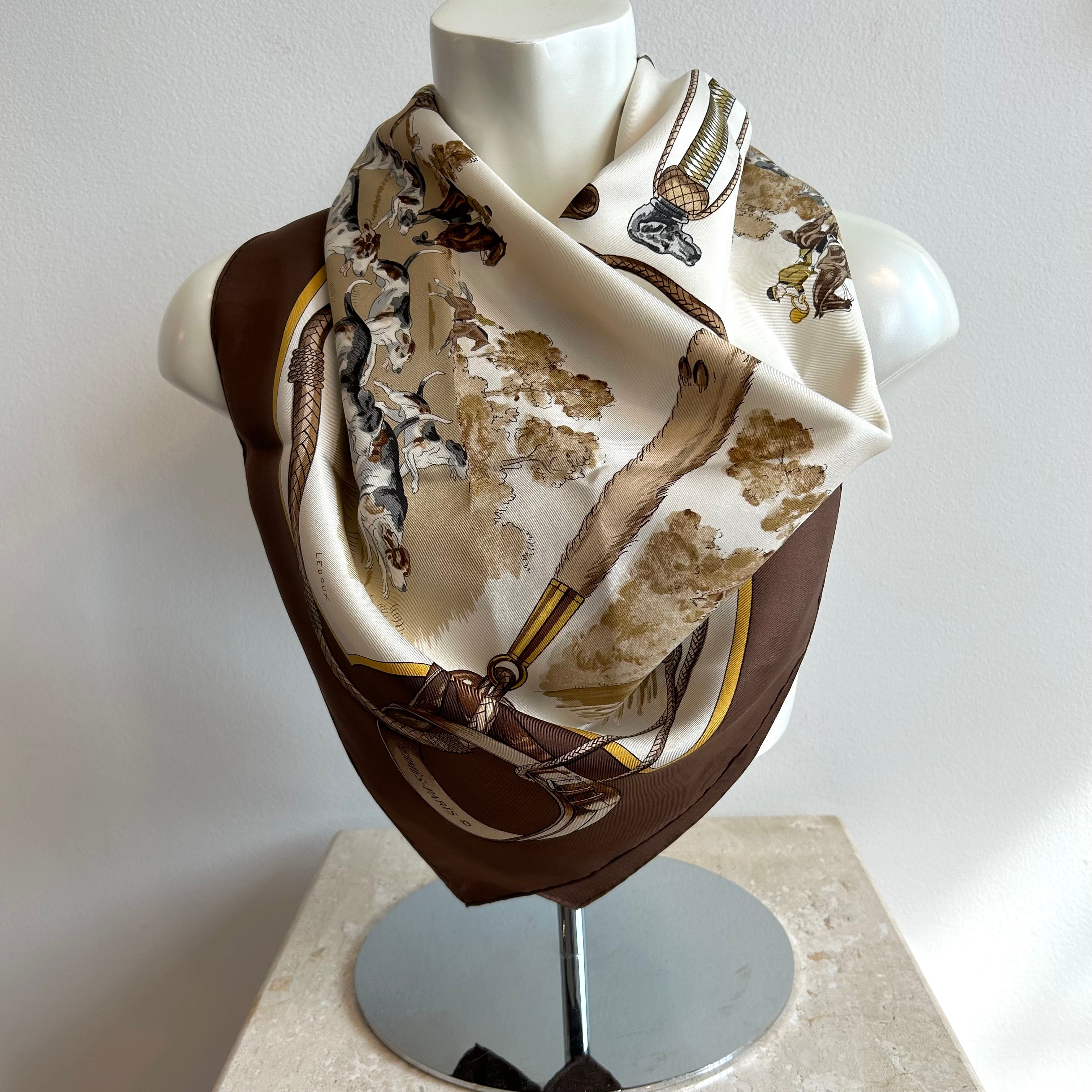 Pre-Owned HERMES Vintage Brown Meutes Silk Scarf - 90cm