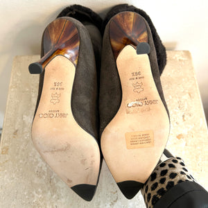 Pre-Owned JIMMY CHOO Coffee Shearling Pull-On Heeled Bootie - Size 36.5