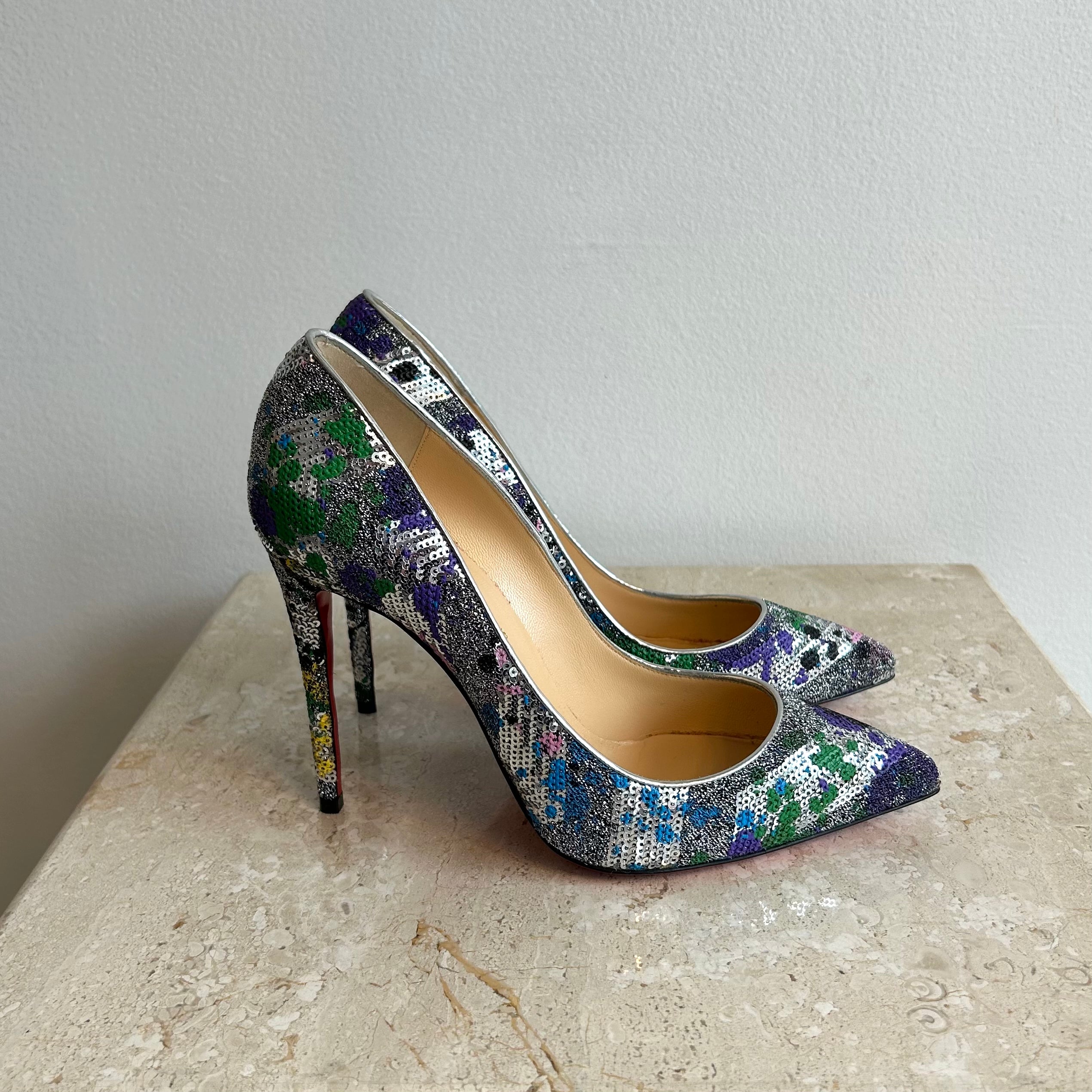 Pre-Owned CHRISTIAN LOUBOUTIN Silver Multi Pigalle Follies Splash 100 - Size 38.5