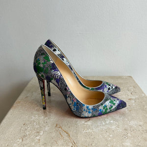 Pre-Owned CHRISTIAN LOUBOUTIN Silver Multi Pigalle Follies Splash 100 - Size 38.5
