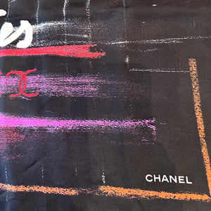 Pre-Owned CHANEL Twill Chalk Print CC Black Silk Scarf