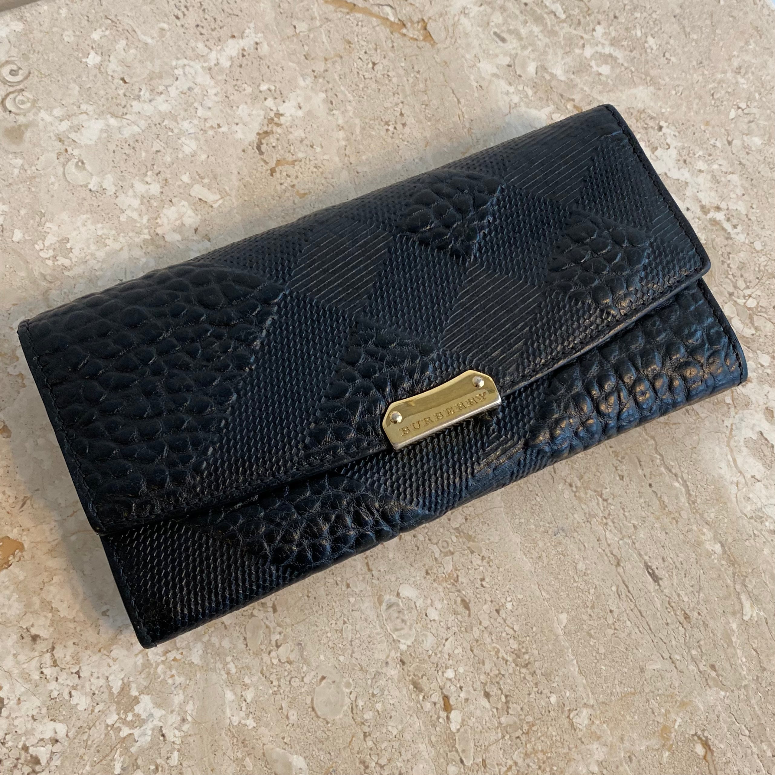 Pre-Owned BURBERRY Black Embossed Check Leather Continental Wallet