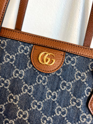 Pre-Owned GUCCI Ophidia GG Jacquard Denim Tote Medium
