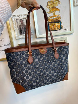 Pre-Owned GUCCI Ophidia GG Jacquard Denim Tote Medium