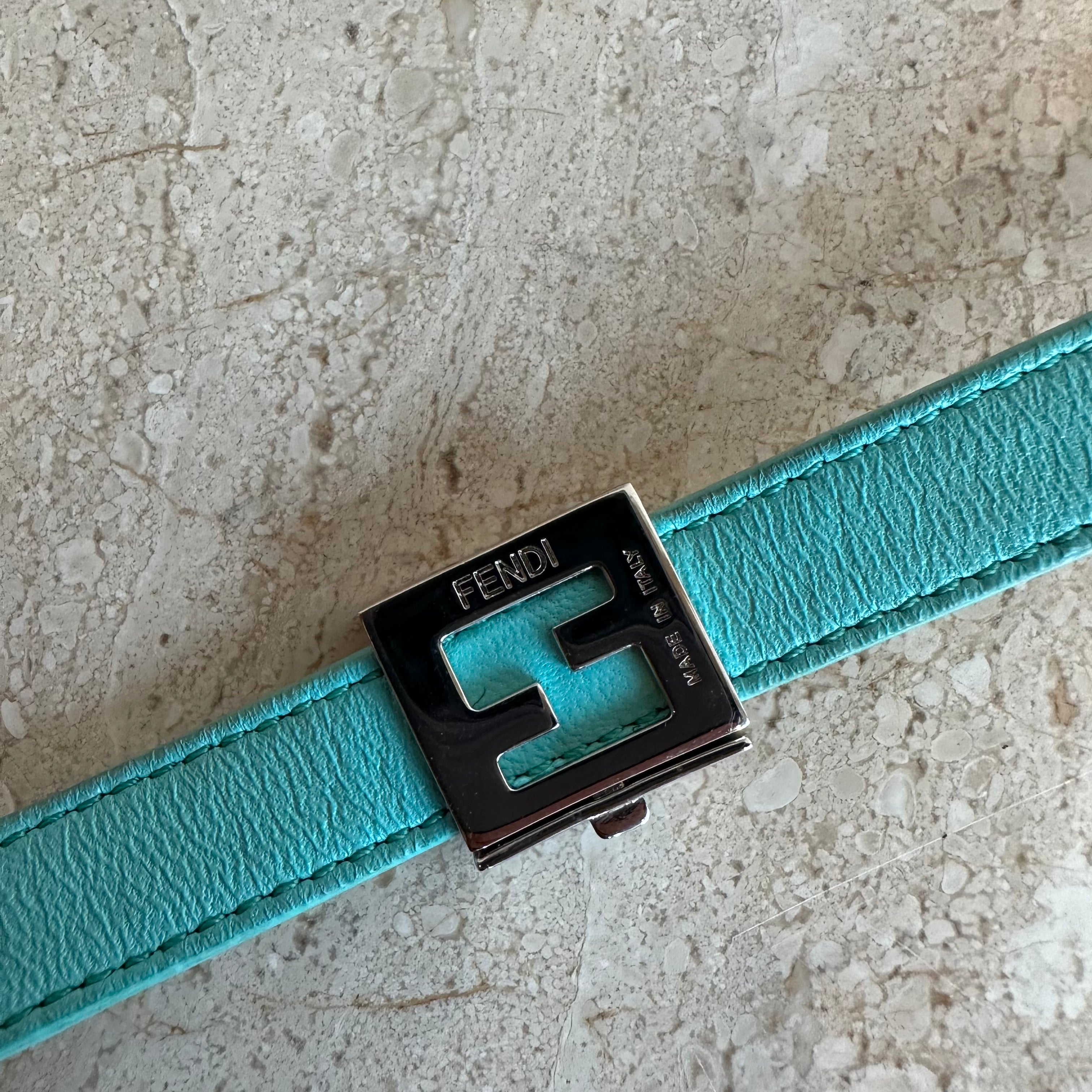 Pre-Owned FENDI Blue/Yellow Leather Logo Reversible Bracelet