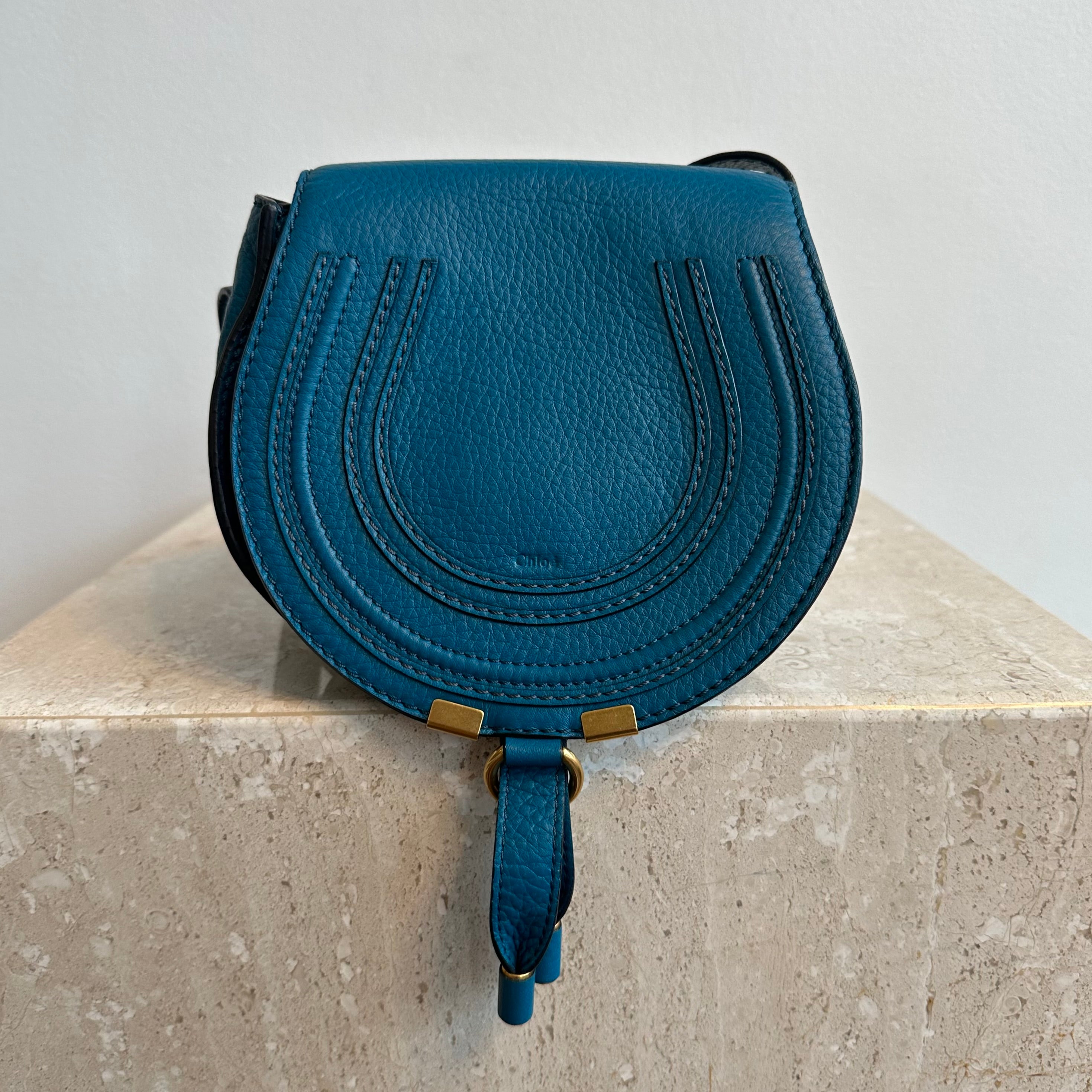 Pre-Owned CHLOE Teal Marcie Small Saddle Crossbody Bag