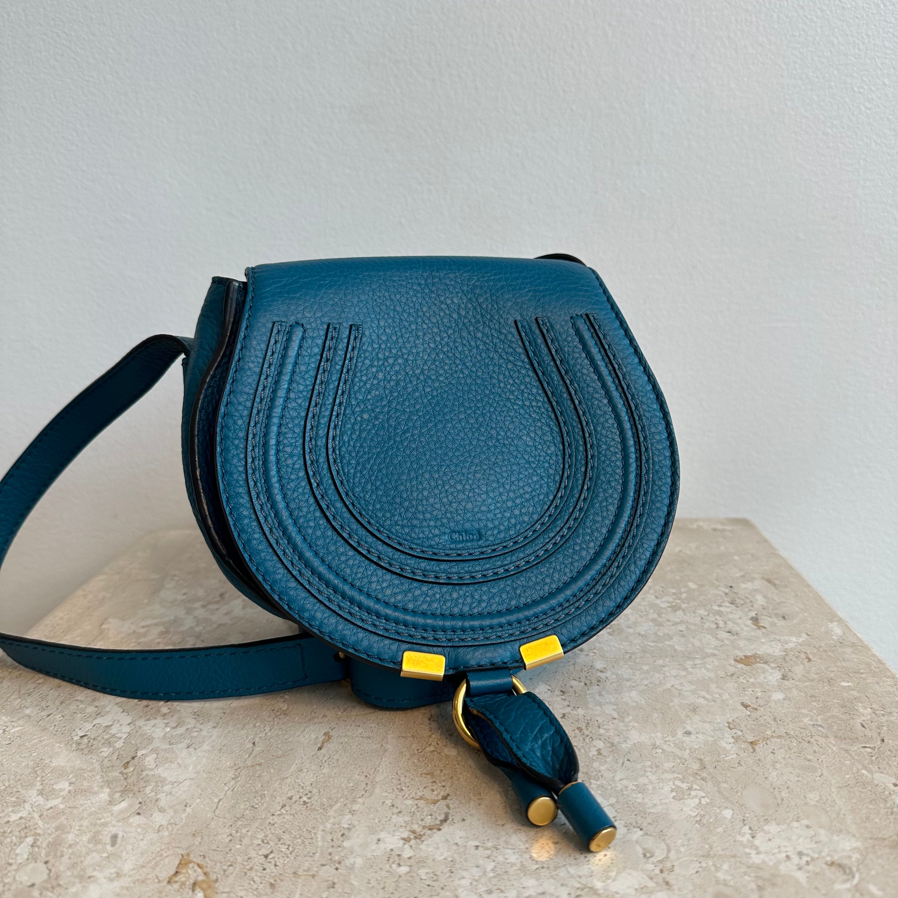 Pre-Owned CHLOE Teal Marcie Small Saddle Crossbody Bag