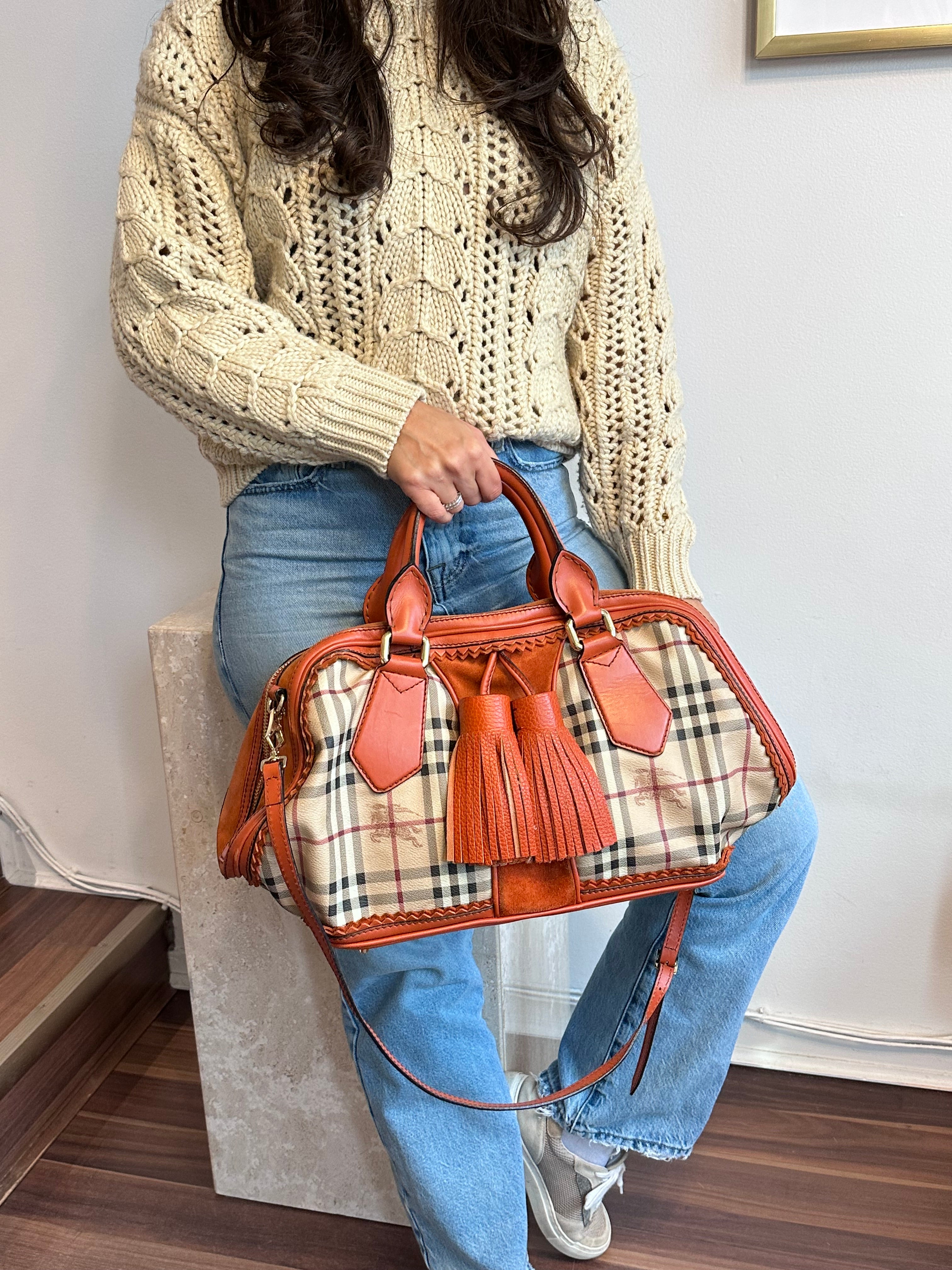 Pre-Owned Burberry Landscape Haymarket Luggage Bowling Bag