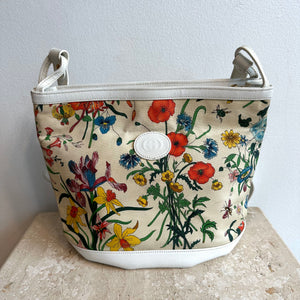 Pre-Owned GUCCI Vintage White Floral Printed Canvas Bucket Bag