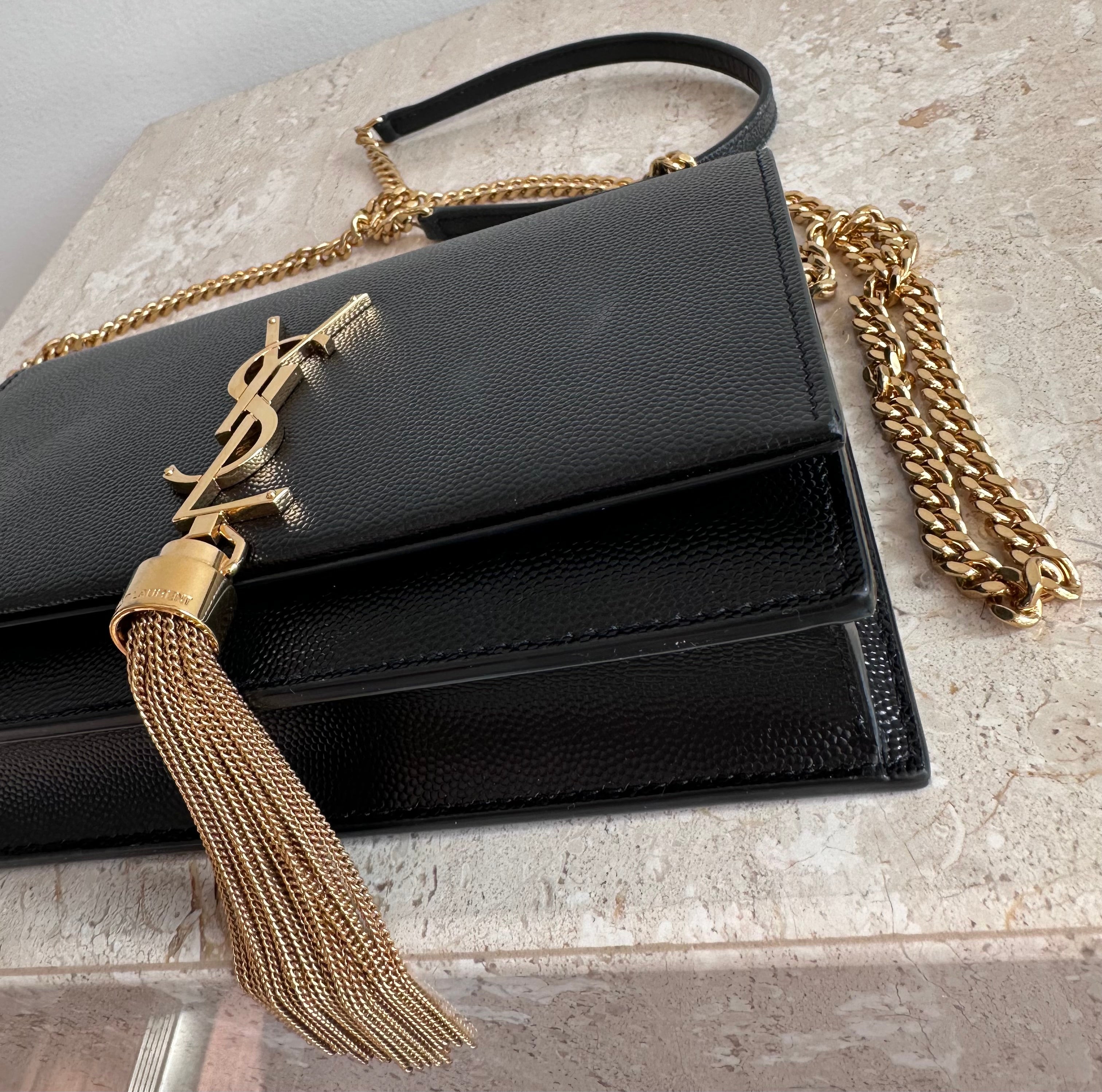 Pre-Owned SAINT LAURENT Black Small Kate Chain Wallet with Tassel